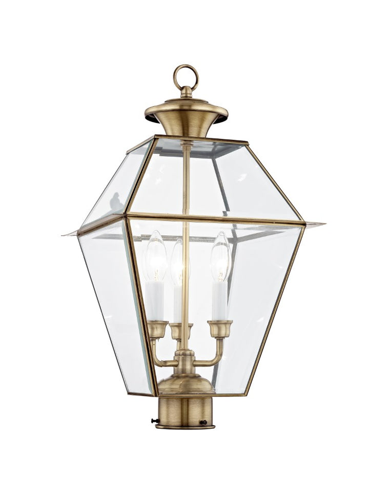 Outdoor Landscape Lighting LED 12V Low Voltage Westover Candelabra Base 3 Light Bulb Sockets Large Outdoor Post Top Lantern 12" x 12" x 21.5" Hand Crafted Solid Brass and Clear Beveled Glass, Antique Brass Finish 120V for Garden, Exterior Post - 2384-01