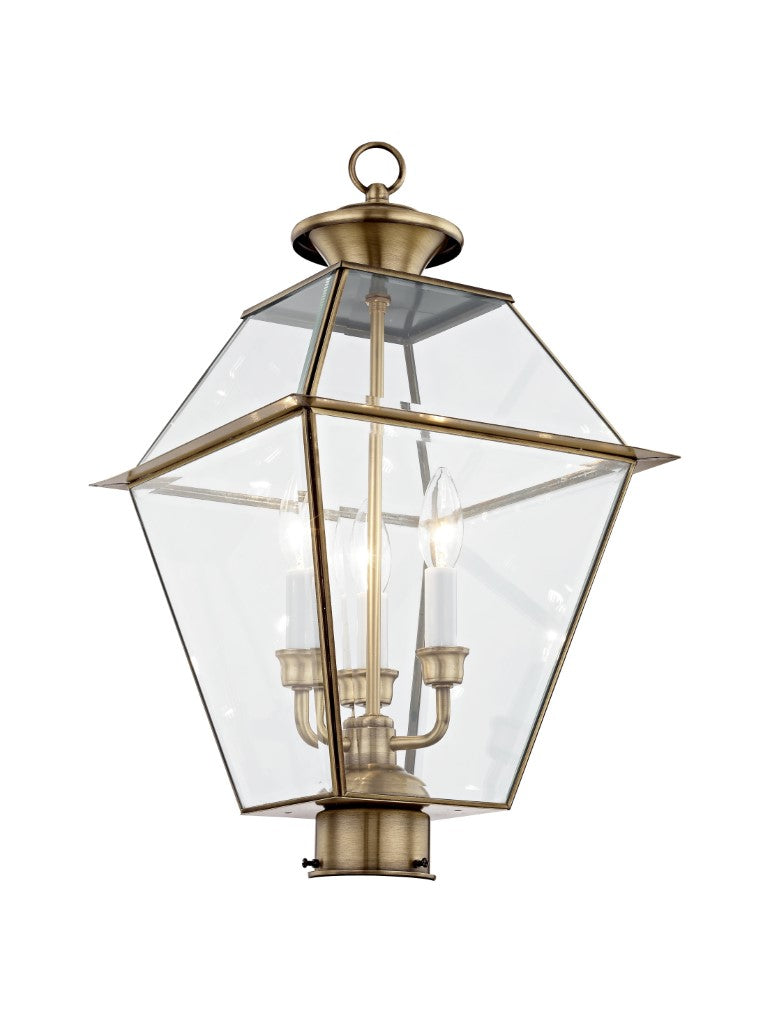 Outdoor Landscape Lighting LED 12V Low Voltage Westover Candelabra Base 3 Light Bulb Sockets Large Outdoor Post Top Lantern 12" x 12" x 21.5" Hand Crafted Solid Brass and Clear Beveled Glass, Antique Brass Finish 120V for Garden, Exterior Post - 2384-01