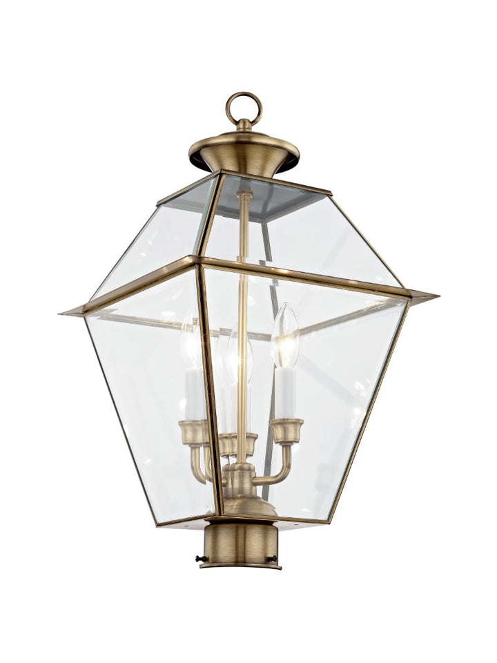 Outdoor Landscape Lighting LED 12V Low Voltage Westover Candelabra Base 3 Light Bulb Sockets Large Outdoor Post Top Lantern 12" x 12" x 21.5" Hand Crafted Solid Brass and Clear Beveled Glass, Antique Brass Finish 120V for Garden, Exterior Post - 2384-01