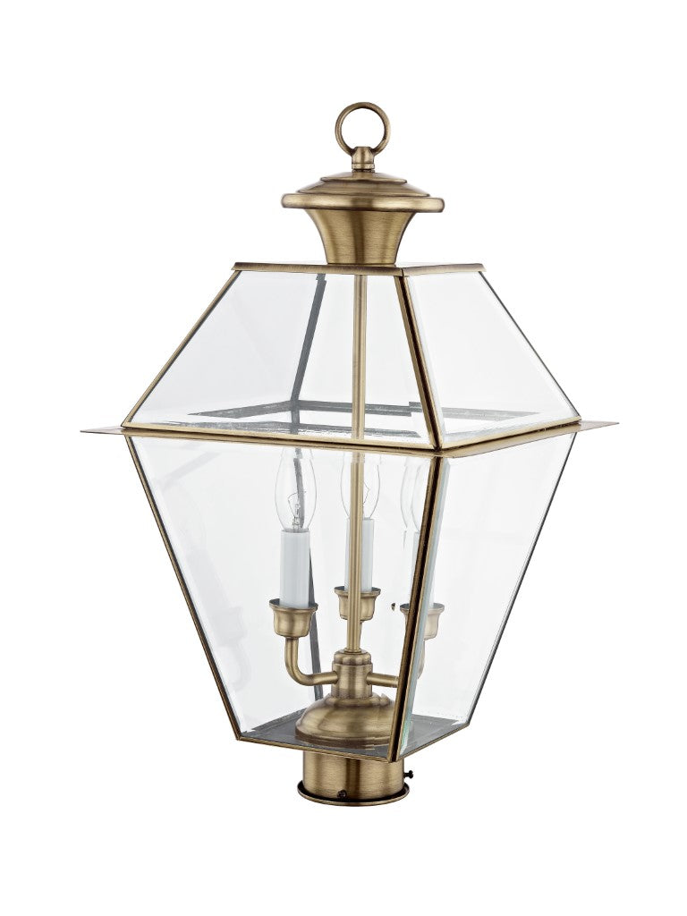 Outdoor Landscape Lighting LED 12V Low Voltage Westover Candelabra Base 3 Light Bulb Sockets Large Outdoor Post Top Lantern 12" x 12" x 21.5" Hand Crafted Solid Brass and Clear Beveled Glass, Antique Brass Finish 120V for Garden, Exterior Post - 2384-01