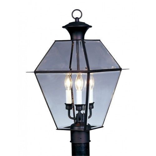 Outdoor Landscape Lighting LED 12V Low Voltage Westover Candelabra Base 3 Light Bulb Sockets Large Outdoor Post Top Lantern 12" x 12" x 21.5" Hand Crafted Solid Brass and Clear Beveled Glass, Black Finish 120V for Garden, Exterior Post - 2384-04