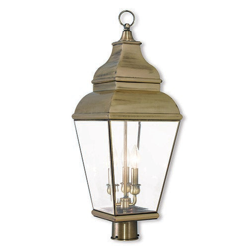 Outdoor Landscape Lighting LED 12V Low Voltage Exeter Candelabra Base 3 Light Bulb Sockets Large Outdoor Post Top Lantern 10" x 10" x 28.25" Hand Crafted Solid Brass and Clear Beveled Glass, Antique Brass Finish 120V for Garden, Exterior Post - 2594-01