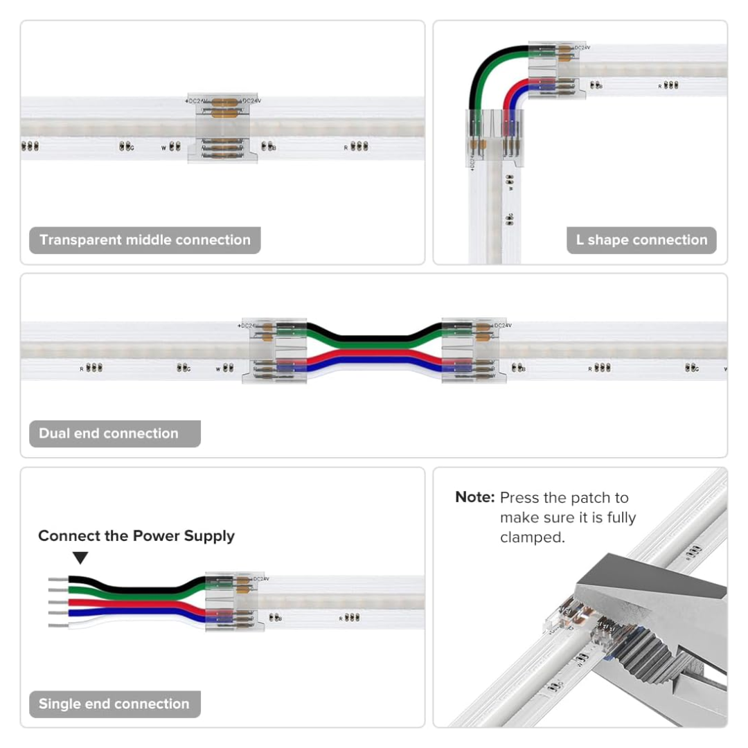 Outdoor Landscape Lighting LED 12V Low Voltage 5-Pack SLD 4-Pin Low Voltage RGB COB LED Strip Connectors - 10mm Dotless Strip Light Accessories