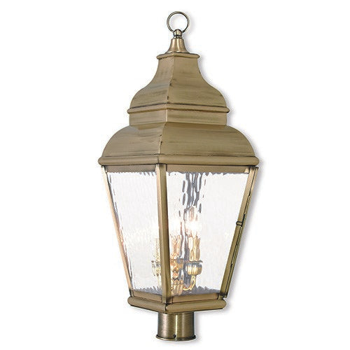 Outdoor Landscape Lighting LED 12V Low Voltage Exeter Candelabra Base 3 Light Bulb Sockets Large Outdoor Post Top Lantern 10" x 10" x 28.25" Hand Crafted Solid Brass and Clear Water Glass, Antique Brass Finish 120V for Garden, Exterior Post - 2606-01
