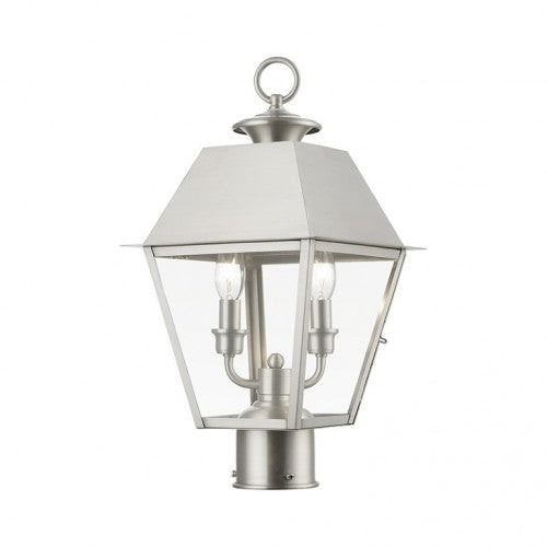 Outdoor Landscape Lighting LED 12V Low Voltage Wentworth Candelabra Base 2 Light Bulb Sockets Outdoor Medium Post Top Lantern 9" Sq x 17.5" H Solid Brass and Clear Glass, Brushed Nickel Finish 120V for Garden, Exterior Post - 27216-91