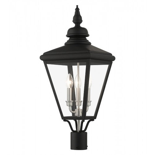 Outdoor Landscape Lighting LED 12V Low Voltage Adams Candelabra Base 3 Light Bulb Sockets Outdoor Large Post Top Lantern 10.625" Sq. x 26.75" Solid Brass and Clear Glass, Black with Brushed Nickel Finish Cluster 120V for Garden, Exterior Post - 27375-04