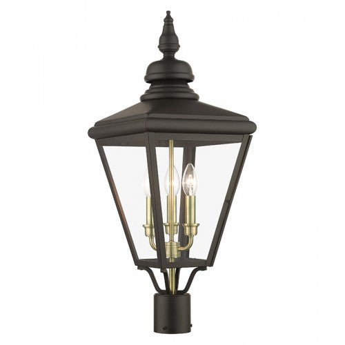 Outdoor Landscape Lighting LED 12V Low Voltage Adams Candelabra Base 3 Light Bulb Sockets Outdoor Large Post Top Lantern 10.625" Sq. x 26.75" Solid Brass and Clear Glass, Bronze with Antique Brass Finish Cluster 120V for Garden, Exterior Post - 27375-07