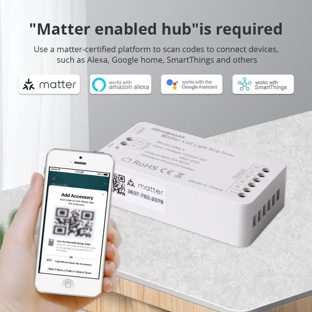 Outdoor Landscape Lighting LED 12V Low Voltage ZML3 Matter Over WiFi LED Strip Light Controller RGBCW - Smart LED Driver Compatible with Alexa, Google Home, and Apple Home App