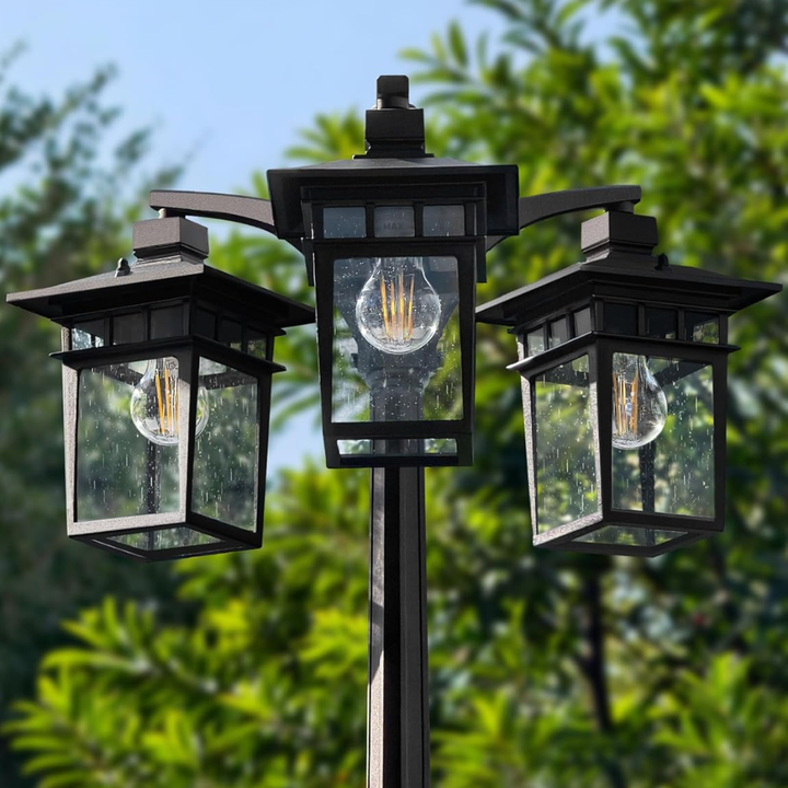 Outdoor Landscape Lighting LED 12V Low Voltage PLH04 360° Motion Sensor and Dusk-to-Dawn Classic Black Aluminum 3-Head Rectangular Post Light 87.5" Pole with Glass Panels 3 E26 Base Medium Base Socket 120V with for Garden, Exterior Lighting