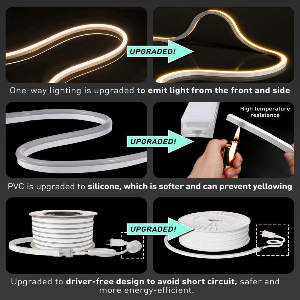 Outdoor Landscape Lighting LED 12V Low Voltage SLN14 Dotless Neon LED Strip Light 120V 3W/ft 120LEDs/M Free Bend IP65 Outdoor Rated High Voltage Soft Silicone Strip Light with Aluminum Clamps, Screws, End Cap and Power Cable