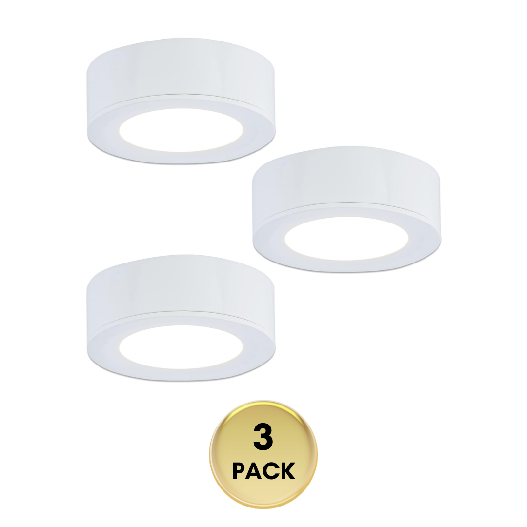 Outdoor Landscape Lighting LED 12V Low Voltage CBA03 3x/5x Pack 2.7W 2.68" 3000K Dimmable Recessed and Surface Mounted Line Voltage 120V Line Voltage Hardwired LED Puck Cabinet Light Cast Aluminum Downlighting 110LM/130LM Package White 3 Pack