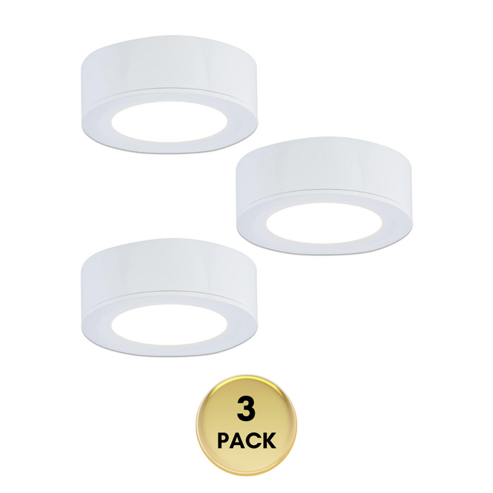 Outdoor Landscape Lighting LED 12V Low Voltage CBA03 3x/5x Pack 2.7W 2.68" 3000K Dimmable Recessed and Surface Mounted Line Voltage 120V Line Voltage Hardwired LED Puck Cabinet Light Cast Aluminum Downlighting 110LM/130LM Package White 3 Pack