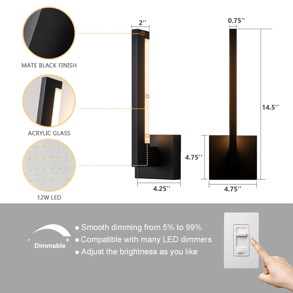 Outdoor Landscape Lighting LED 12V Low Voltage SCH04 2-Pack 13" Linear LED Modern Outdoor Wall Sconce Light Dimmable 12W 3000K Warm White Iron and Acrylic Integrated LED Line Voltage 120V AC IP65 Waterproof Package for Front Door, Porch, Patio, Garage