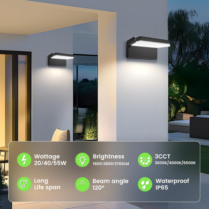 Outdoor Landscape Lighting LED 12V Low Voltage SCA05 Adjustable 20W/40W/55W 3CCT 3000K/4000K/6500K Integrated LED Wall Sconce Floodlight 9″x5.9″x4.5″ 120V Line Voltage Aluminum Wall Sconce Lighting IP65 Waterproof