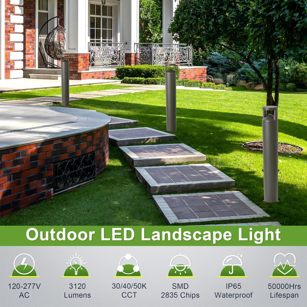 Outdoor Landscape Lighting LED 12V Low Voltage BPLA08 42" 24W 120V 3CCT 3000K/4000K/5000K Black Aluminum Round-Top Bollard Light Line Voltage Commercial Bollard Path Light Outdoor Lighting