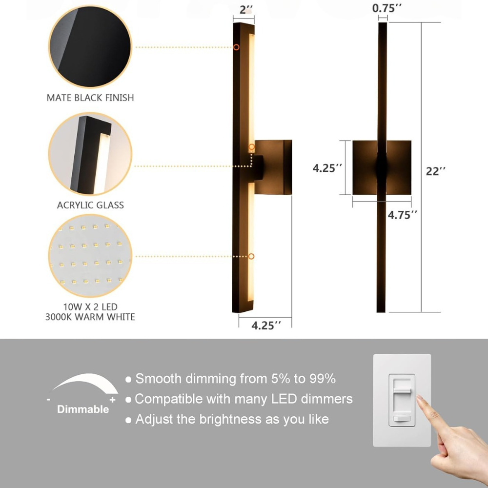Outdoor Landscape Lighting LED 12V Low Voltage SCH05 22" Linear LED Modern Outdoor 10W + 10W Up and Down Wall Sconce Light Dimmable 3000K Warm White 800LM + 800LM Metal and Acrylic Integrated LED Line Voltage 120V AC IP65 Waterproof for Front Door, Porch, Patio, Garage 22" (10W + 10W)