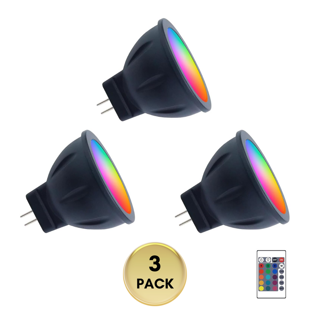 Outdoor Landscape Lighting LED 12V Low Voltage MR11 RGB Warm White + 15 Multicolors and 4-Level Brightness 3W, Energy-Saving, Color-Changing 12V Outdoor LED Light Bulb Compatible with Remote Control 3 Pack