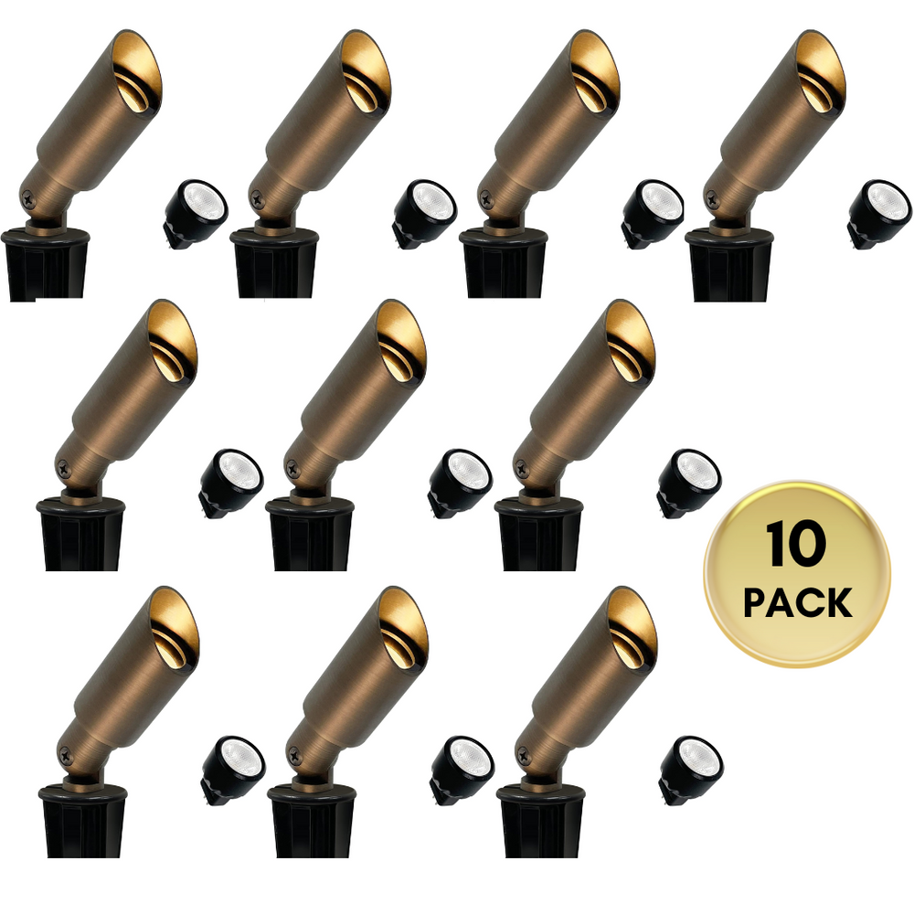 Outdoor Landscape Lighting LED 12V Low Voltage SPBA11 MR8 Mini Brass Spotlight with Fixed Shroud Low Voltage Outdoor Lighting 10 Pack with 3W 2700K MR8 Bulb