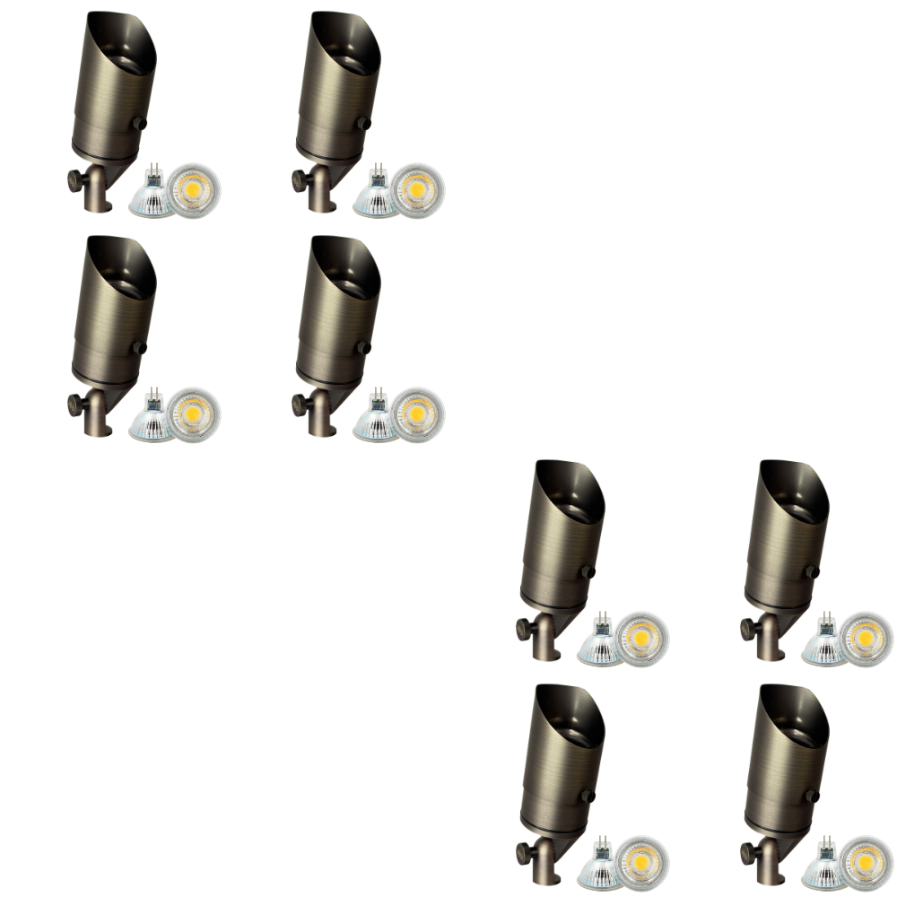 Outdoor Landscape Lighting LED 12V Low Voltage SPB05 4x/8x/12x Package LED Landscape Low Voltage Spotlight Adjustable Outdoor Lighting with MR16 5W 3000K Bulb Natural Brass 8 Pack