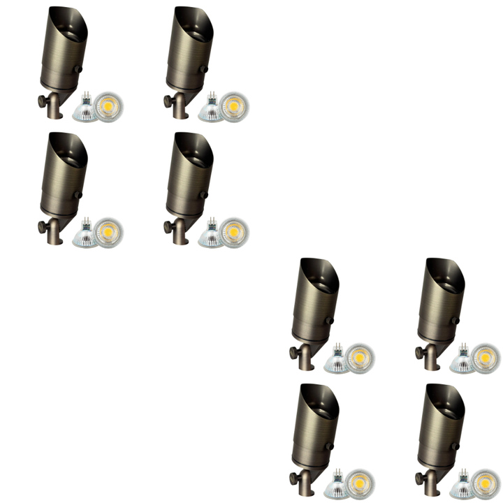 Outdoor Landscape Lighting LED 12V Low Voltage SPB05 4x/8x/12x Package LED Landscape Low Voltage Spotlight Adjustable Outdoor Lighting with MR16 5W 3000K Bulb Natural Brass 8 Pack