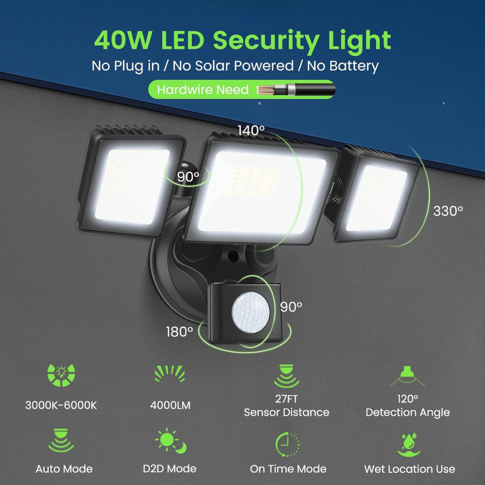 Outdoor Landscape Lighting LED 12V Low Voltage 40W Wired Outdoor LED Floodlight , 120V Remote-Operated Dimmable Adjustable 3000K-6000K Motion-Sensor Security Floodlight 4000LM, IP65 Waterproof