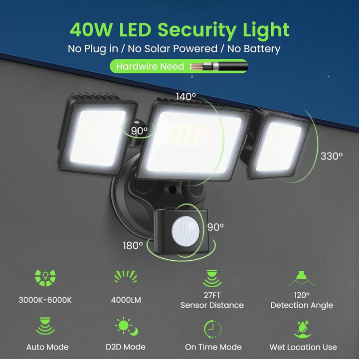 Outdoor Landscape Lighting LED 12V Low Voltage 40W Wired Outdoor LED Floodlight , 120V Remote-Operated Dimmable Adjustable 3000K-6000K Motion-Sensor Security Floodlight 4000LM, IP65 Waterproof