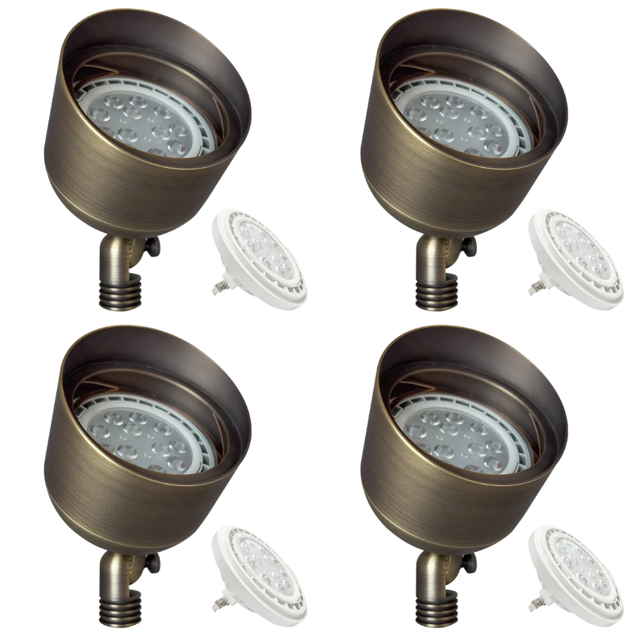 Outdoor Landscape Lighting LED 12V Low Voltage SPB07 4x/8x/12x Brass Outdoor Floodlight 12V Low Voltage LED Landscape Lighting Package with PAR36 10W 160° 3000K Bulb Natural Brass