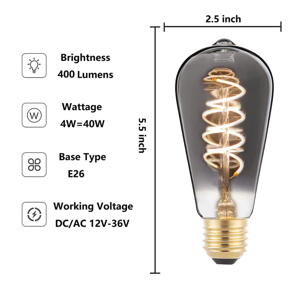 Outdoor Landscape Lighting LED 12V Low Voltage E26 4W 12V-36V 2700K AC/DC LED Spiral Filament Edison Bulbs Package Dimmable Energy Saving Low Voltage Light Bulb