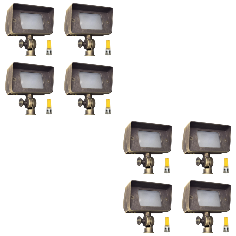 Outdoor Landscape Lighting LED 12V Low Voltage FPB01 4x/8x/12x Package Brass Rectangular LED Directional Floodlight Adjustable Lighting with G4 3W 3000K Bulb 8 Pack Natural Brass