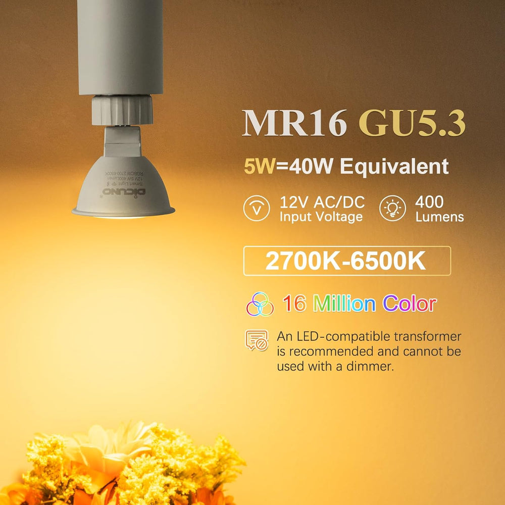 Outdoor Landscape Lighting LED 12V Low Voltage RGBCW MR16 5W Smart WIFI LED Light Bulb 4 Pack, Energy Saving RGBCW Color Changing 12V Outdoor LED Bulb Package Compatible with Alexa, Google Assistant, and Siri