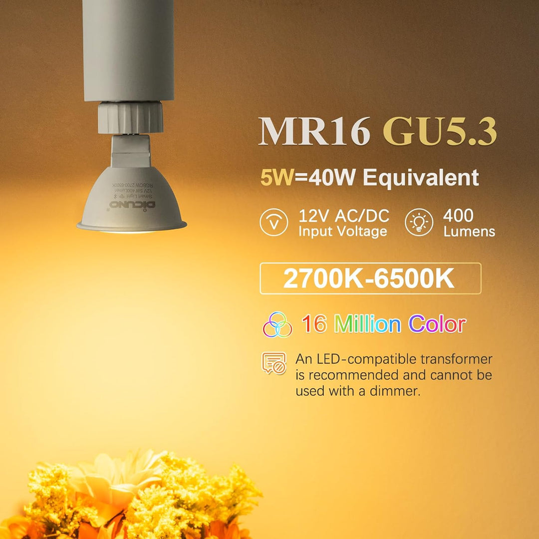 Outdoor Landscape Lighting LED 12V Low Voltage RGBCW MR16 5W Smart WIFI LED Light Bulb 4 Pack, Energy Saving RGBCW Color Changing 12V Outdoor LED Bulb Package Compatible with Alexa, Google Assistant, and Siri