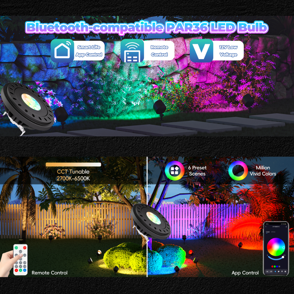 Outdoor Landscape Lighting LED 12V Low Voltage PAR36 7W RGB+CCT Tunable 2700K to 6500K, Remote and App Controlled, Dimmable, IP67 waterproof Low Voltage Bulbs