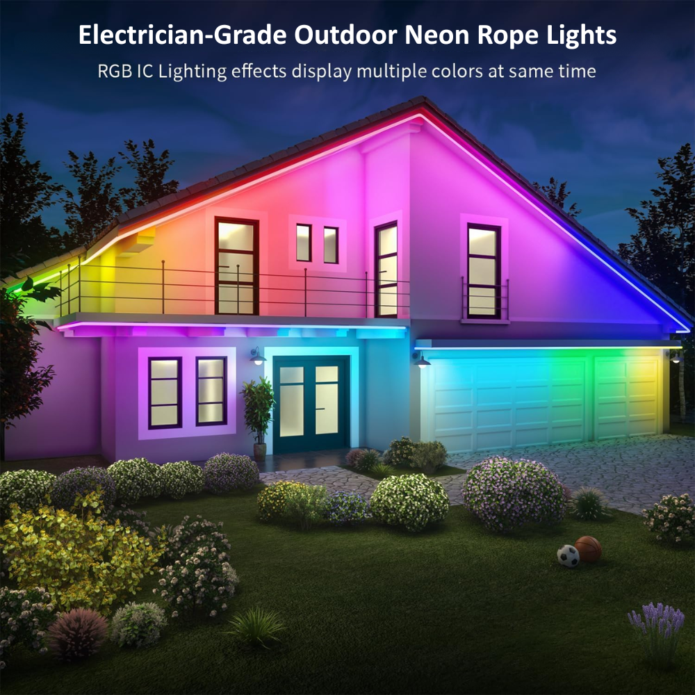 Outdoor Landscape Lighting LED 12V Low Voltage SLNR14 Dotless COB RGB-IC Neon LED Strip Light DC24V IP67 Outdoor Rated Dimmable Low Voltage 10x18mm Silicone Strip Light 32.8ft/65.5ft with Mounting Clips, Screws, Power Adapter with Dimmer and Remote Control