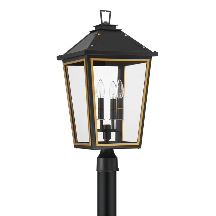 Outdoor Landscape Lighting LED 12V Low Voltage Hawkins 4 Light Outdoor Post Light 12"x25" Stainless Steel and Glass Matte Black with Textured Gold Finish 120V 4 E12 Candelabra Base LED Bulb Sockets Casual Farmhouse Lantern for Patio, Garden, Exterior Posts