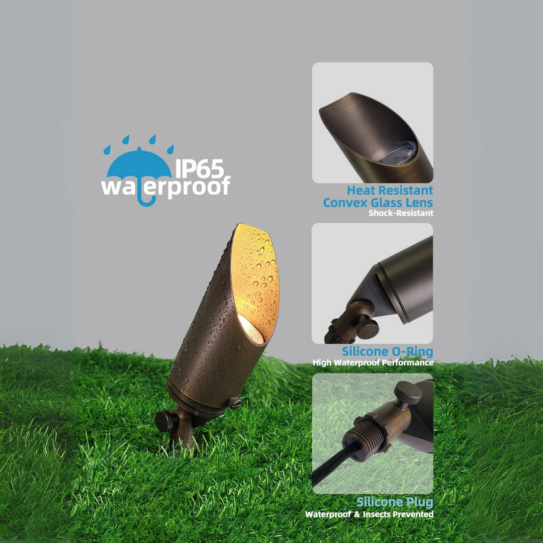 Outdoor Landscape Lighting LED 12V Low Voltage SPBA14 MR16 Brass Spotlight Package with Adjustable Shroud 12V AC/DC Low Voltage Outdoor Lighting with 5W 2700K Warm White Bulb