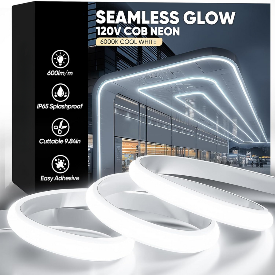 Outdoor Landscape Lighting LED 12V Low Voltage SLN10 Dotless Neon LED Strip Light 110-130V 3W/ft IP65 Outdoor Rated Dimmable High Voltage Slim 7x10mm Silicone Strip Light with Mounting Clips, Connector and Screws with Power Supply 6000K Cool White