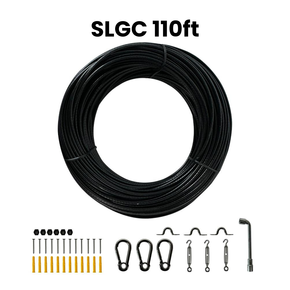 Outdoor Landscape Lighting LED 12V Low Voltage SLGC01 String Light Galvanized Cable Kit 55ft and 111ft, Nylon Coated 304 Stainless Steel Guide Wire and Accessories for Outdoor Bistro String Lights 111 ft