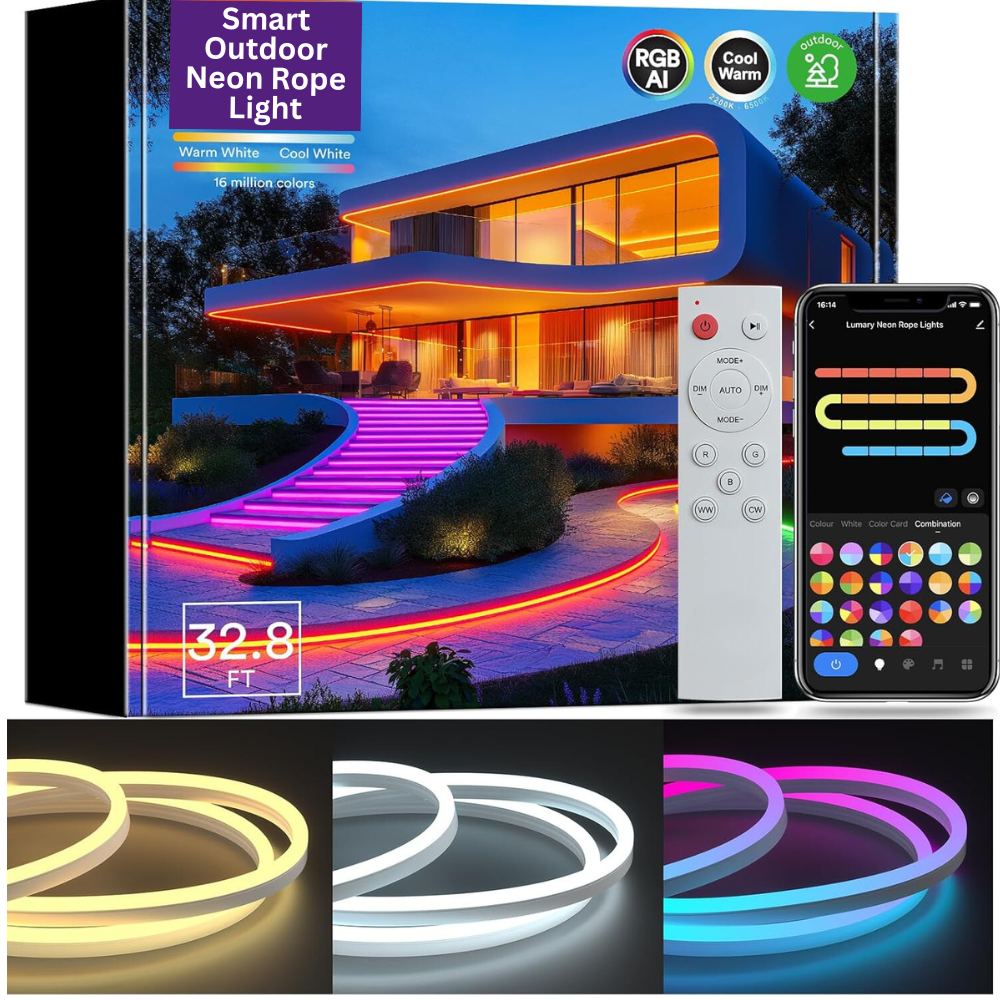 Outdoor Landscape Lighting LED 12V Low Voltage SLNR06 Dotless COB Smart Wi-Fi RGBAICW Neon LED Strip Light DC24V IP65 Outdoor Rated Dimmable Low Voltage Silicone Strip Light with Mounting Clips, Screws, Power Adapter and Remote Control 32.8ft (10M) DC24V