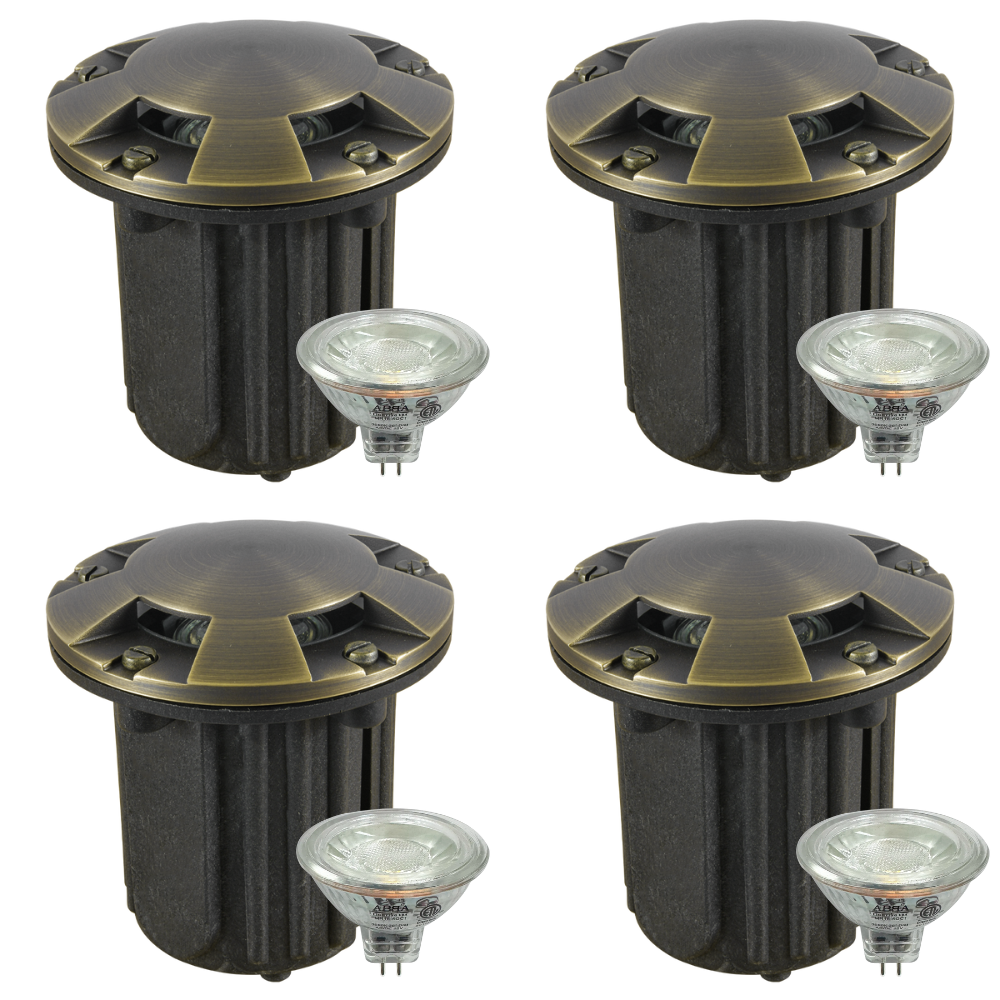 Outdoor Landscape Lighting LED 12V Low Voltage UNB07 4x/8x/12x Package Cast Brass 12V Low Voltage Round Multi-Directional LED In-ground Well Light IP65 Waterproof with MR16 5W 3000K Bulb 4 Pack Natural Brass