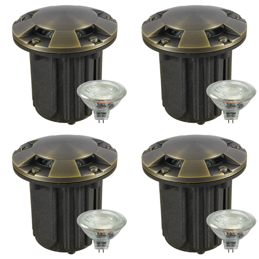 Outdoor Landscape Lighting LED 12V Low Voltage UNB07 4x/8x/12x Package Cast Brass 12V Low Voltage Round Multi-Directional LED In-ground Well Light IP65 Waterproof with MR16 5W 3000K Bulb 4 Pack Natural Brass