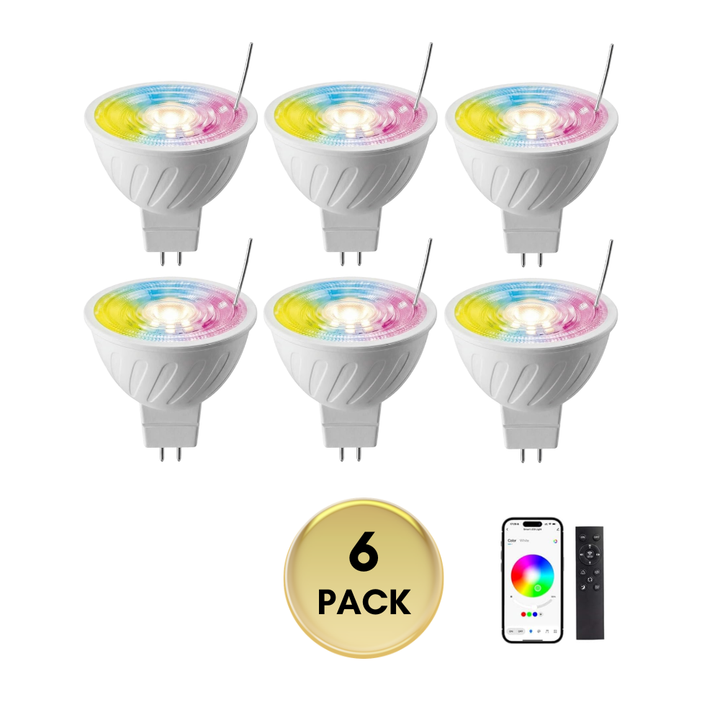 Outdoor Landscape Lighting LED 12V Low Voltage MR16 RGBCW 2700K-5000K Smart Bluetooth 5W 12V Low Voltage LED Bulbs 45° Dimmable Energy Saving Waterproof Light with Antenna and Remote Control 6 Pack