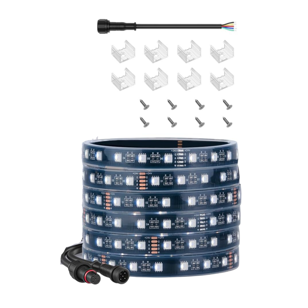 Outdoor Landscape Lighting LED 12V Low Voltage SL06 7.3W/ft 14mm Strip Light RGB + Warm White 3000K-3500K or Cool White 6000K-7000K 5050 DC24V Low Voltage LED Outdoor IP68 Submersible UL SMD Tape Light with Black or White PCB DC24V RGB + Cool White Black PCB IP68 Submersible