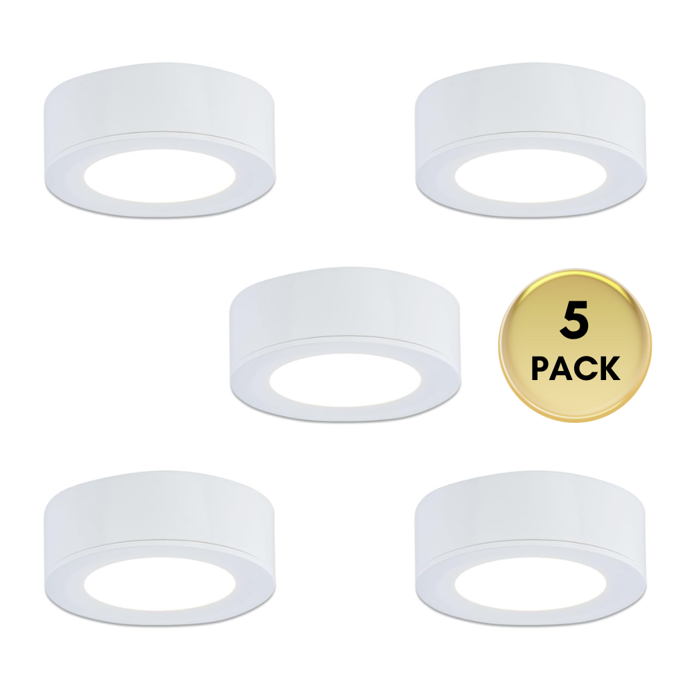 Outdoor Landscape Lighting LED 12V Low Voltage CBA03 3x/5x Pack 2.7W 2.68" 3000K Dimmable Recessed and Surface Mounted Line Voltage 120V Line Voltage Hardwired LED Puck Cabinet Light Cast Aluminum Downlighting 110LM/130LM Package White 5 Pack