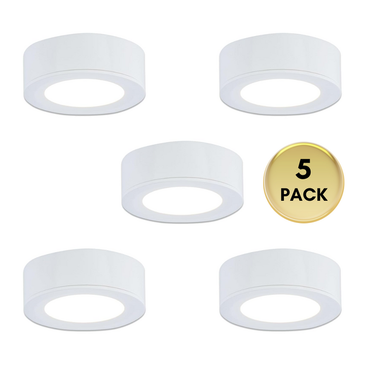Outdoor Landscape Lighting LED 12V Low Voltage CBA03 3x/5x Pack 2.7W 2.68" 3000K Dimmable Recessed and Surface Mounted Line Voltage 120V Line Voltage Hardwired LED Puck Cabinet Light Cast Aluminum Downlighting 110LM/130LM Package White 5 Pack