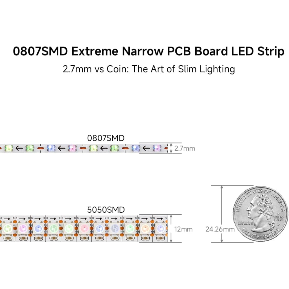 Outdoor Landscape Lighting LED 12V Low Voltage SL13 Strip Light Addressable RGB+IC WS2812B Ultra Narrow 4.54W/ft 2.7mm 16.4ft DC12V Low Voltage LED Indoor IP30 0807 SMD Tape Light