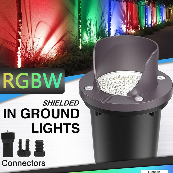 Outdoor Landscape Lighting LED 12V Low Voltage UNRA03 8-Pack 12W RGB + Warm White COB LED Low Voltage In-Ground Landscape Well Lights Waterproof Fixture with Connectors and Remote Controls