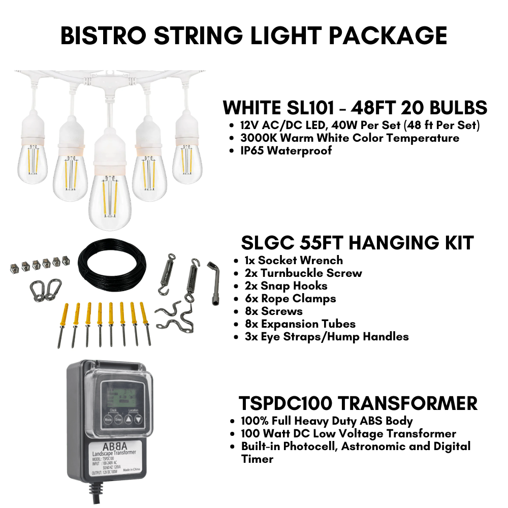 Outdoor Landscape Lighting LED 12V Low Voltage SL101 LED Low Voltage Bistro String Lights 48 FT Outdoor Weatherproof 12V Edison Bulbs with 100W DC Transformer and 55ft Hanging Kit Package Deal