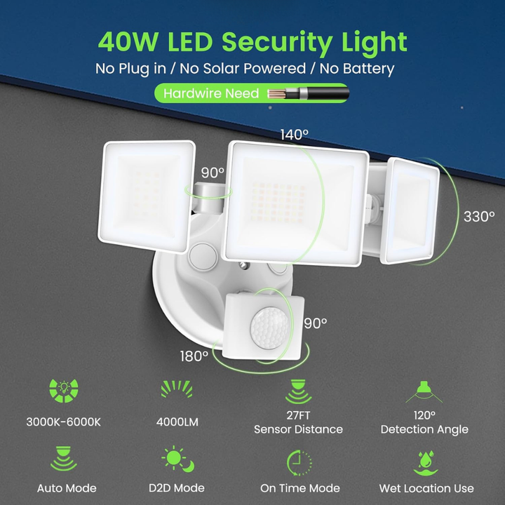 Outdoor Landscape Lighting LED 12V Low Voltage 40W Wired Outdoor LED Floodlight , 120V Remote-Operated Dimmable Adjustable 3000K-6000K Motion-Sensor Security Floodlight 4000LM, IP65 Waterproof