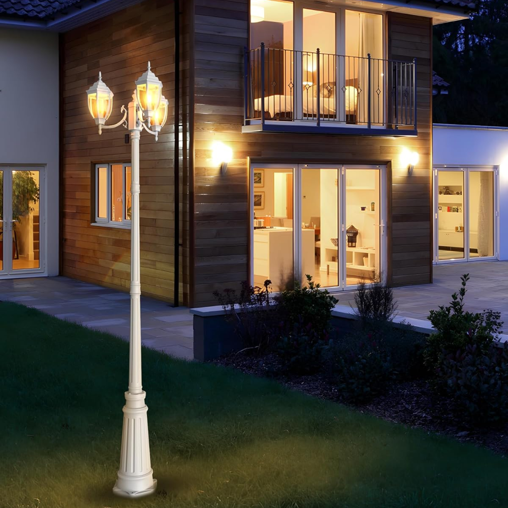 Outdoor Landscape Lighting LED 12V Low Voltage PLH02 Classic Black or White Aluminum 3-Head Post Light 92.5" Pole with Glass Panels 3 E26 Base Medium Base Socket 120V with for Garden, Exterior Lighting