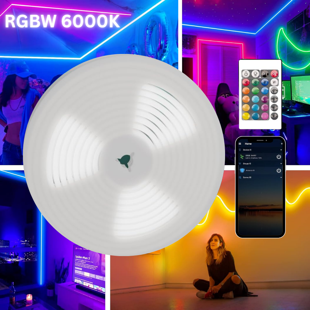Outdoor Landscape Lighting LED 12V Low Voltage SLNR15 Dotless Neon RGB + Warm White 2800K or Cool White 6000K LED Strip Light Remote and Wi-Fi App Control DC24V IP65 Outdoor Rated Dimmable Silicone Strip Light Screws, Mounting Clips, End Cap, Screws, Remote Control and Controller with Power Cable RGB + 6000K Cool White
